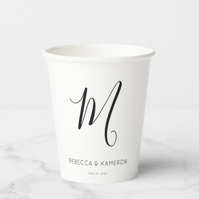 Black and White Simple Elegant Monogram Wedding Paper Cups (Front)