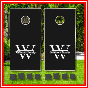Black and White Simple Family Name Monogram Cornhole Set