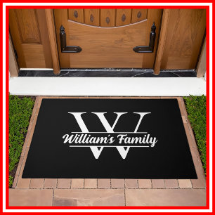 Black and White   Simple Family Name Monogram  Doormat