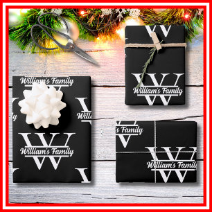 Black and White   Simple Family Name Monogram  Wrapping Paper Sheets