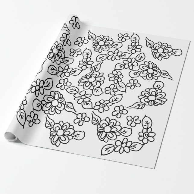 Black and white simple floral drawing wrapping paper (Unrolled)