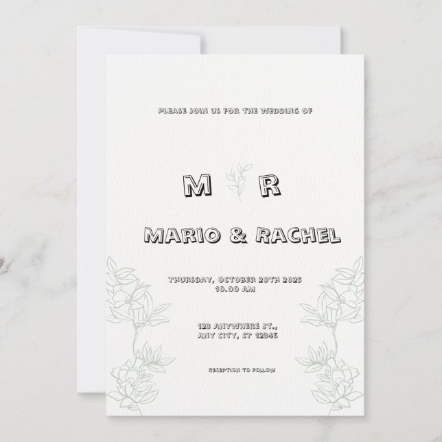 Black and White Simple Floral Illustration Wedding Invitation (Front)