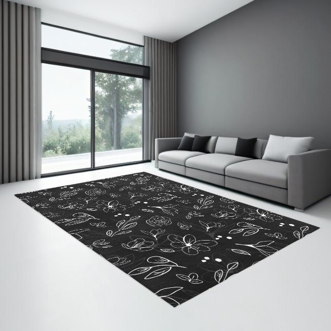 Black and white simple floral leaves minimalist rug (Insitu (Indoor 3))