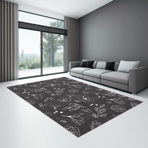 Black and white simple floral leaves minimalist rug