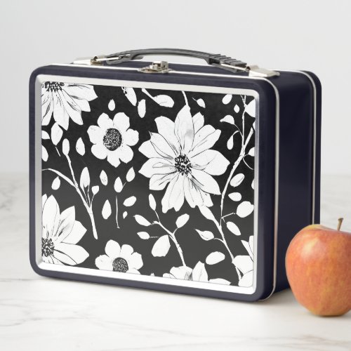 Black and White Simple Flower Seamless Pattern Metal Lunch Box