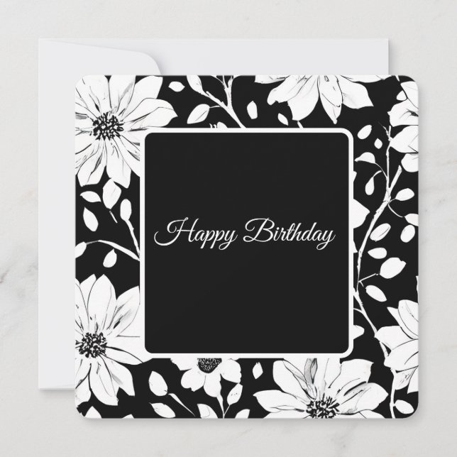 Black and White Simple Flowers Holiday Card (Front)