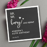 Black and White Simple Funny Custom Birthday Napkins<br><div class="desc">Get the party started with these 'Sip, sip, hooray! and repeat' black and white minimalist custom cocktail napkins. These are perfect for birthday, anniversary, or any special occasion. Personalize with your name and date for a touch of personal charm. You could change the color of text and background as well....</div>