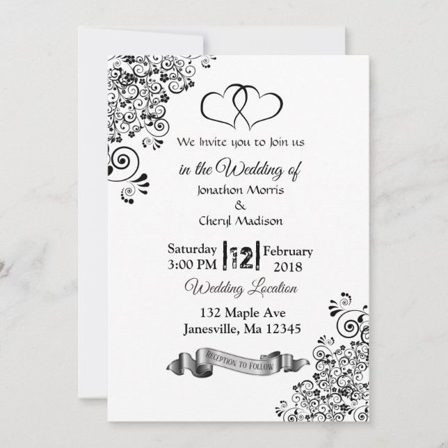 Black and White Simple Hearts Wedding Invitations (Front)