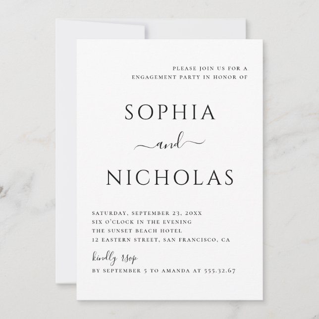 Black and white simple minimalist engagement party invitation (Front)