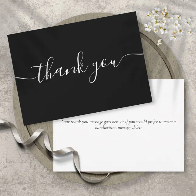 Black And White Simple Modern Elegant Script Thank You Card 