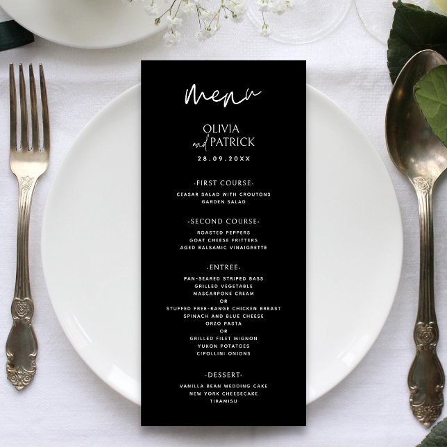 Black and White Simple Modern Minimalist Wedding Menu (Black and white minimalist wedding menu showcases your dishes with clean, modern elegance.)