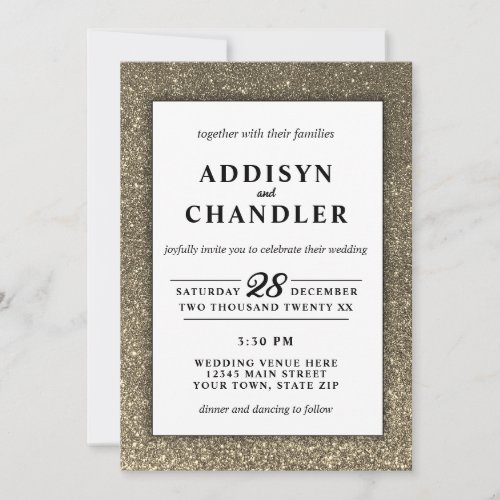Black and White Simple Modern Wedding Gold Glitter Invitation