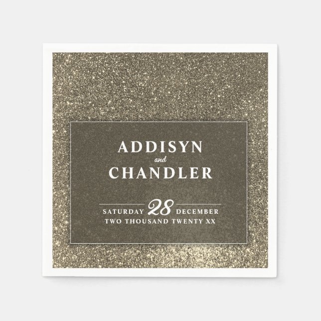 Black and White Simple Modern Wedding Gold Glitter Napkins (Front)