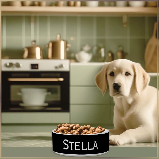 Black and White Simple Monochrome Name Pet Bowl (A black and white bowl for your dog's food or water, personalized with your pet's name)