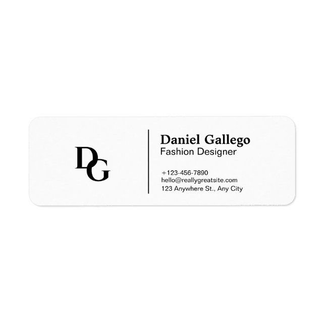 Black And White Simple Monogram Personal Return  Label (Front)