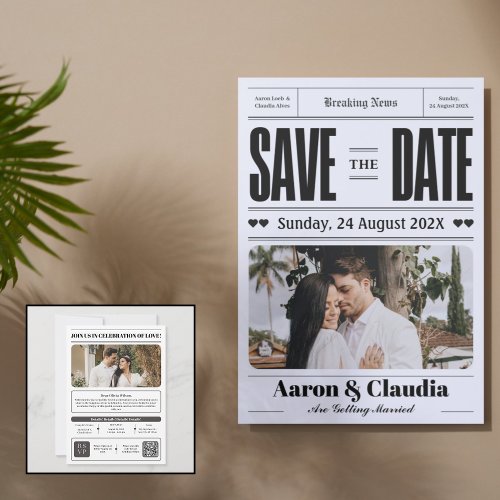 Black and White Simple Newspaper Save the Date 