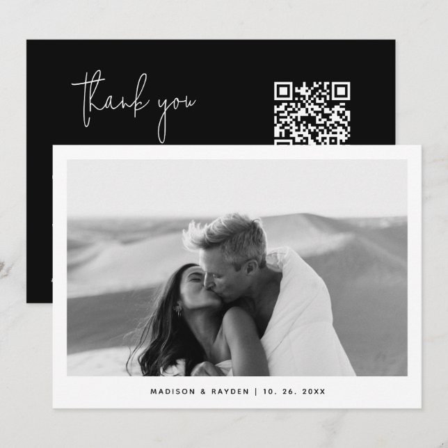 Black and White Simple Photo QR Code Wedding Thank You Card (Front/Back)
