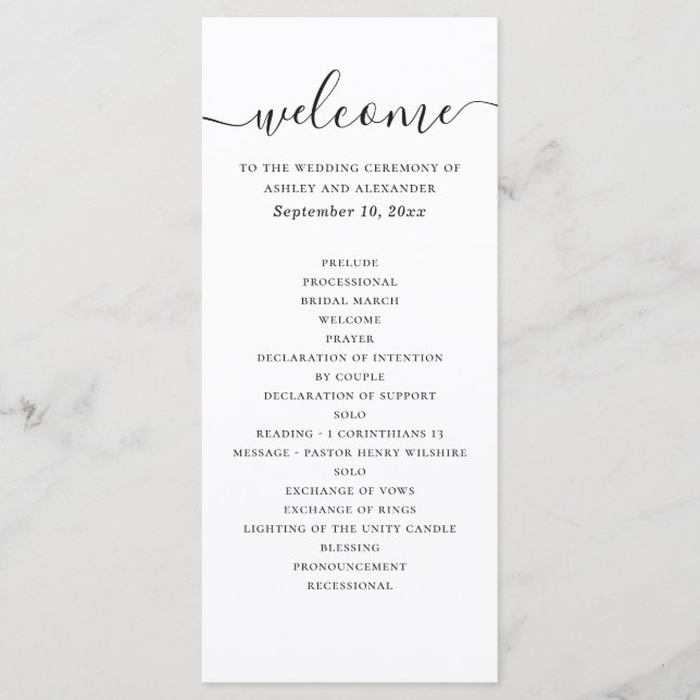Black and white simple script calligraphy wedding program (Front)