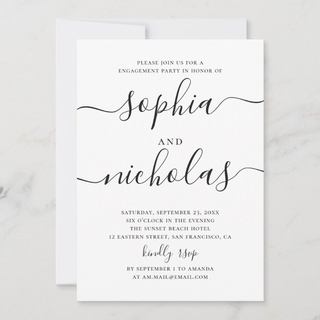 Black and white simple script engagement party invitation (Front)