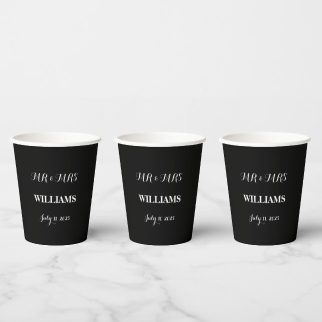 Black and White Simple Script Minimalist Wedding Paper Cups (Multi)