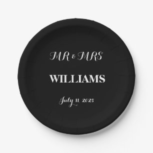 Black and White Simple Script Minimalist Wedding Paper Plates