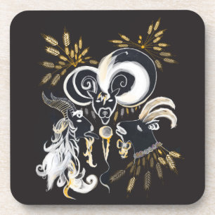 Black and white Singing Goats ink illustration Drink Coaster