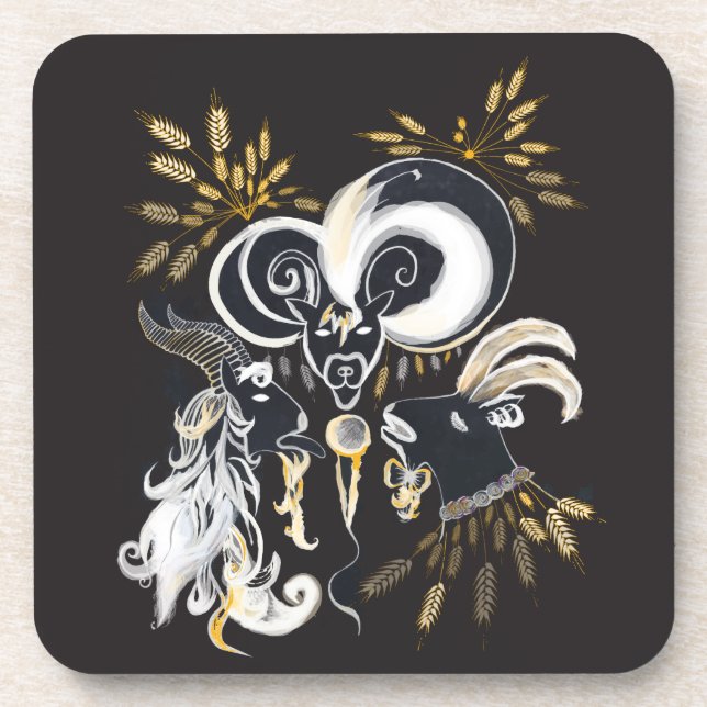 Black and white Singing Goats ink illustration Drink Coaster (Front)