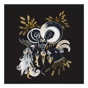 Black and white Singing Goats ink illustration Poster