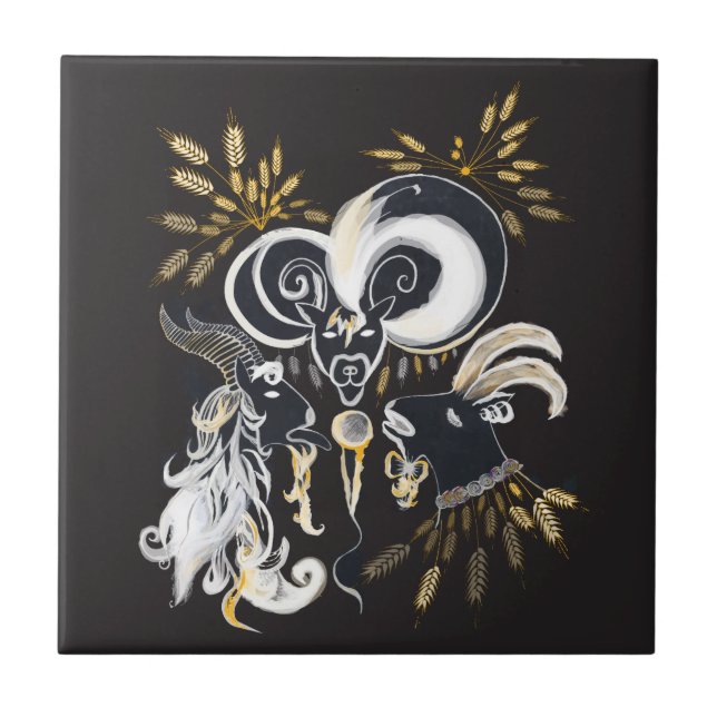 Black and white Singing Goats ink illustration Tile (Front)