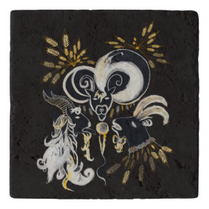 Black and white Singing Goats ink illustration Trivet