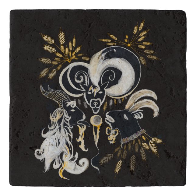 Black and white Singing Goats ink illustration Trivet (Front)