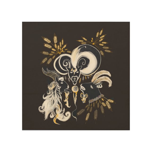 Black and white Singing Goats ink illustration Wood Wall Decor (Front)