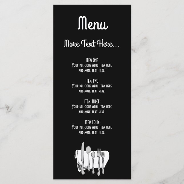 Black and White Siverware Design Menu 4x9 inch (Front)
