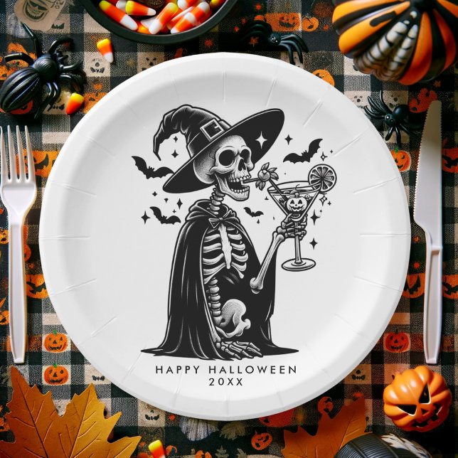 Black and White Skeleton Halloween Party Paper Plates (Black and White Skeleton Halloween Party Paper Plates)