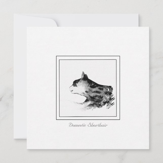 Black and White Sketch Domestic Shorthair Cat Note Card (Front)