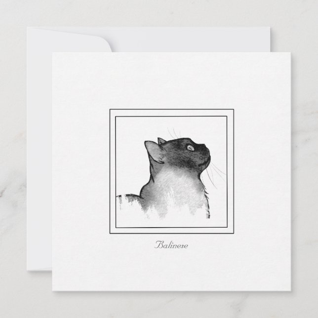 Black and White Sketch of a Balinese Cat  Note Card (Front)