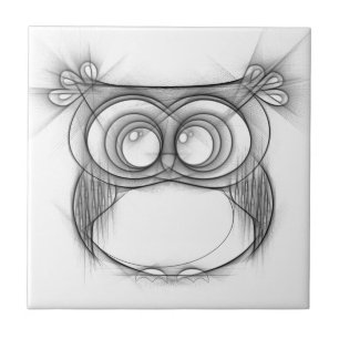 Black and White Sketch of Owl Ceramic Tile