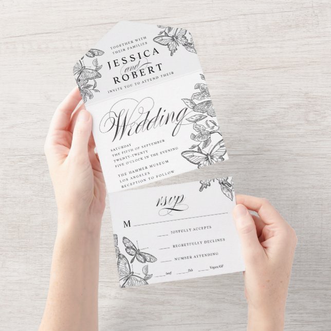 Black and White Sketched Butterflies All In One In Invitation (Tearaway)