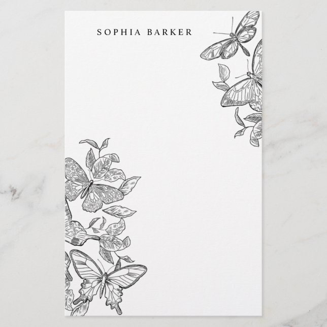 Black and White Sketched Butterflies Stationery (Front)