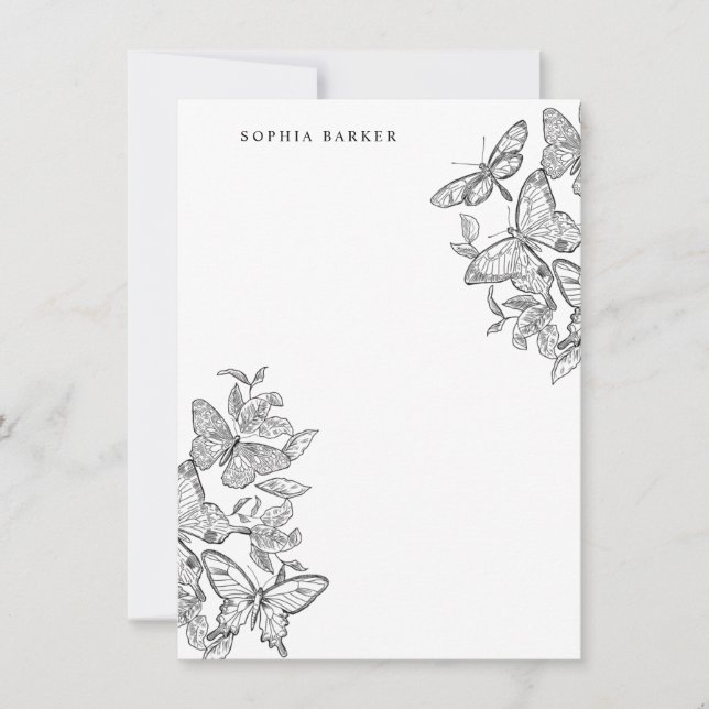 Black and White Sketched Butterflies Stationery Note Card (Front)