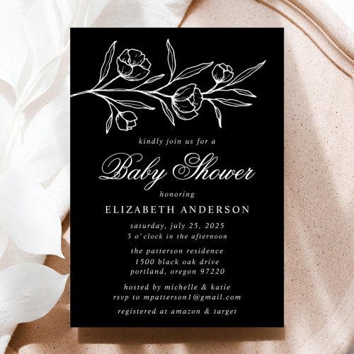 Black and White Sketched Floral Baby Shower Invitation