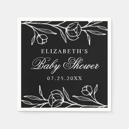 Black and White Sketched Floral Baby Shower Napkins