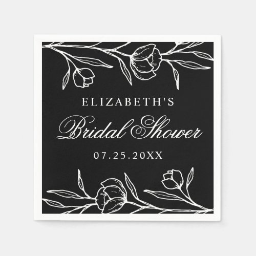 Black and White Sketched Floral Bridal Shower Napkins