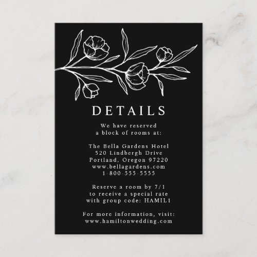 Black and White Sketched Floral Wedding Details Enclosure Card