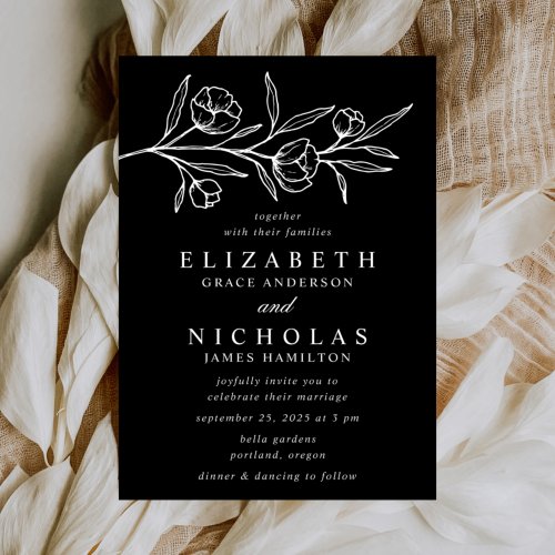 Black and White Sketched Floral Wedding Invitation