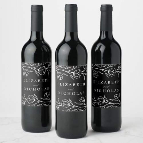 Black and White Sketched Floral Wedding Wine Label