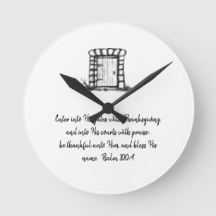 Black and White Sketched Garden Door with verse Round Clock