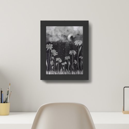 Black and White Sketched Rainy Daisies Framed Art