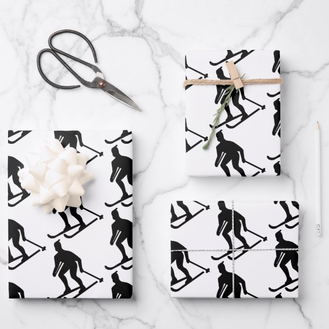Black and White Skiing Pattern Wrapping Paper
