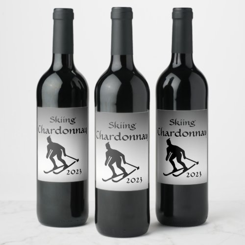 Black and White Skiing Silver Wine Label